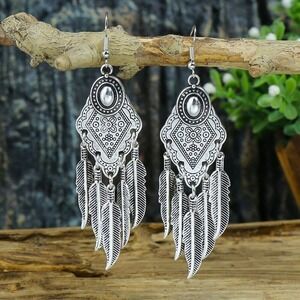 Silver Ethnic Feather Aztec Style Geometric Tassel Alloy Drop Earrings Boho